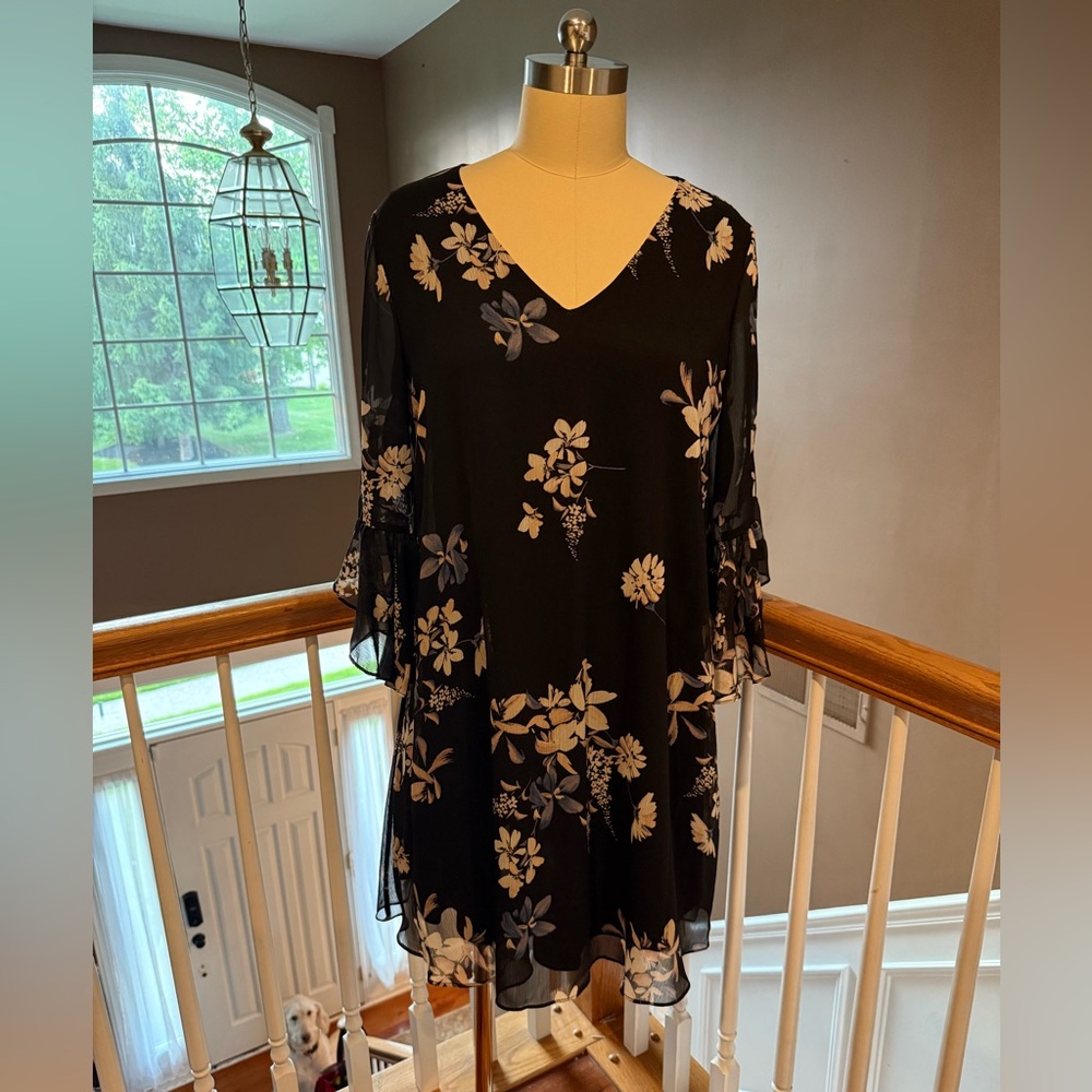 New- Calvin Klein- Floral Black Dress with 3/4 Sheer Bell Sleeves- Size 14